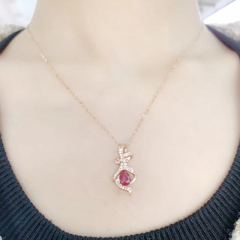 Natural real red ruby necklace pendant Luxury bowknot style 925 sterling silver 5*7mm 0.7ct gemstone Fine jewelry L2584