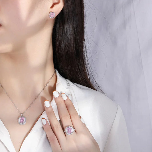 Jewelry S925 Full Silver Internet Celebrity High Carbon Diamond Pink Diamond Pendant Ring Earring Set