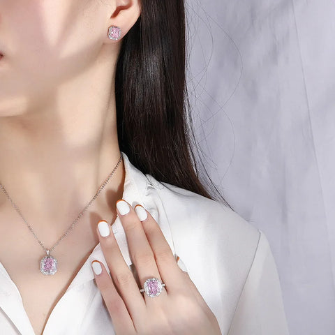 Jewelry S925 Full Silver Internet Celebrity High Carbon Diamond Pink Diamond Pendant Ring Earring Set