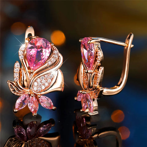 Luxury Female Pink Zircon Stone Hoop Earrings