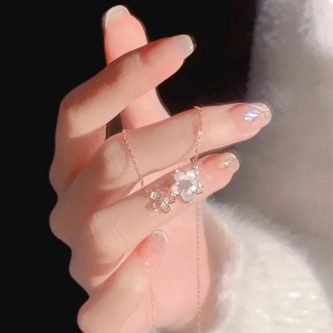 Cute Sweet Zircon Peach Blossom Pendant Clavicle Necklace Women Simple Light Luxury Two Flowers Neck Chain Jewelry