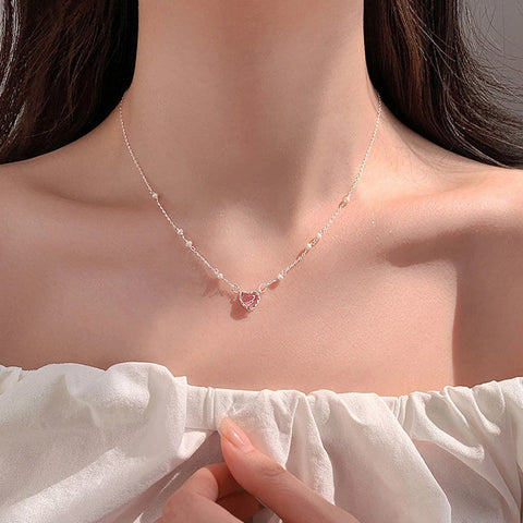 Korean Pink Heart Shape Necklace For Women Fashion Shiny Crystal Pendant Necklace Rhinestone Chain Party Aesthetic Jewelry Gift