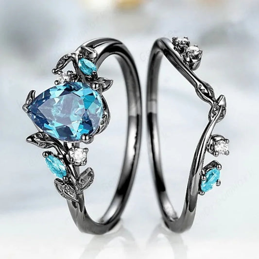 Luxury Black Color Waterdrop Round Blue White Stone Leaf Ring - BOLEVARD RING