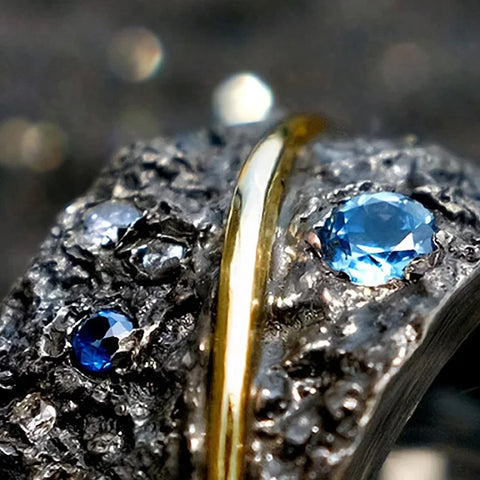 New in 925 Silver Black Inlaid Starry Sky Blue Gemstone