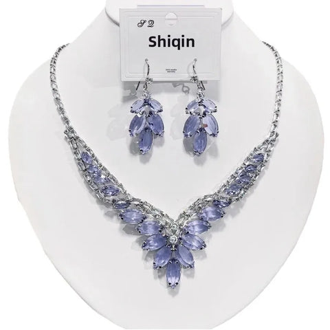 Luxurious Fashionable New Zircon Purple Transparent Color Necklace Earrings Set Versatile High-End Feelings Jewelry Accessories