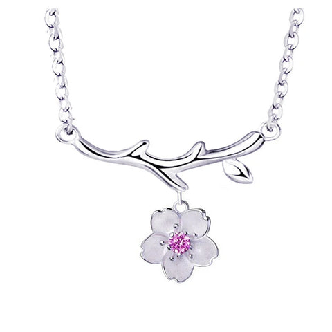 Cute Branches Cherry Flower Pendant Necklaces Shiny Crystal Zirconia Copper Romantic Female Elegant Neck Jewelry Accessories