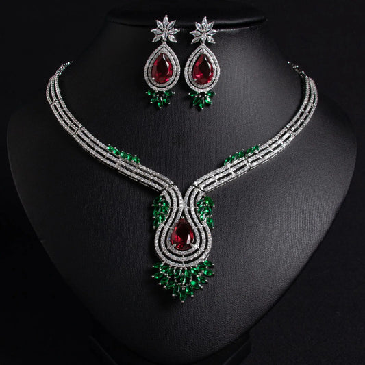 Luxury CZ Necklace 2 Pieces Jewelry for Women Cubic Zircon Africa Dubai Bridal Jewelry Sets Wedding Accessories