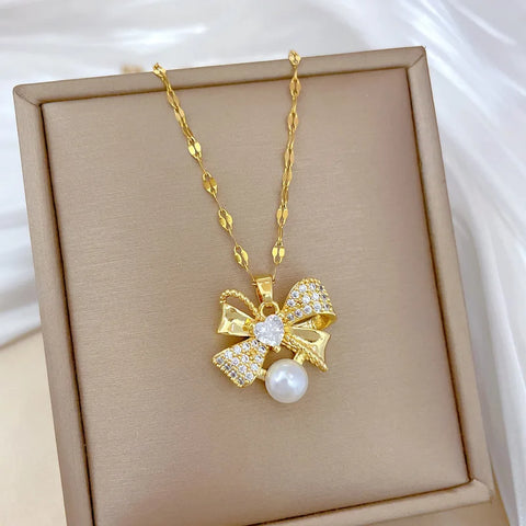 Classic Stainless Steel Gorgeous Pearl Bow Necklace Earrings
