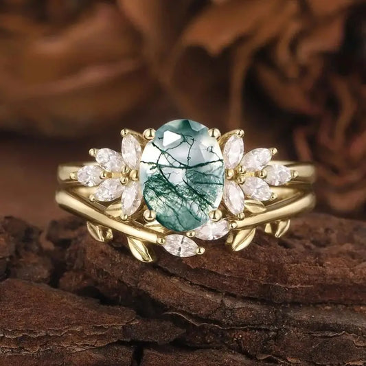 Oval Shaped Natural Moss Agate Engagement Ring