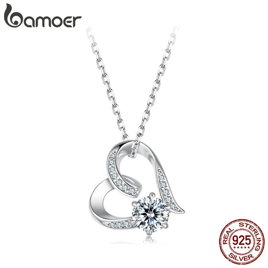 BAMOER Heart Necklaces for Women, Forever Love Moissanite 925 Sterling Silver Minimalist Heart Pendant Necklace Engagement Jewel