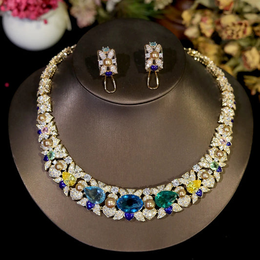 ASNORA Cubic Zirconia Bridal Jewelry Set, Sky Blue Round Necklace 2-piece Women's Engagement Dinner Accessories
