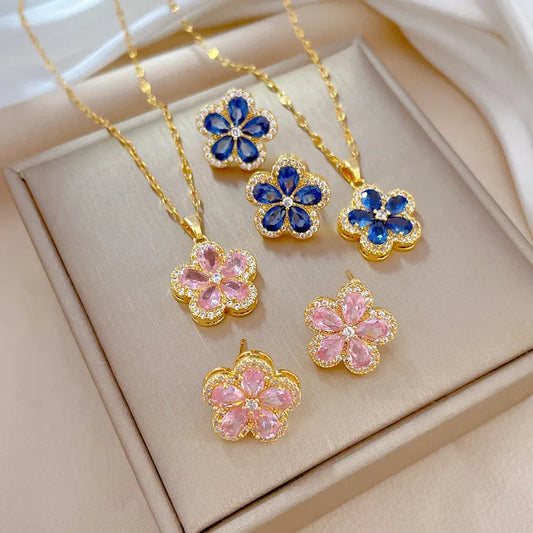 Women's Pink Crystal Cherry Blossom Flower Pendant Necklace (40cm + 5cm) Luxury Jewelry Free Shipping