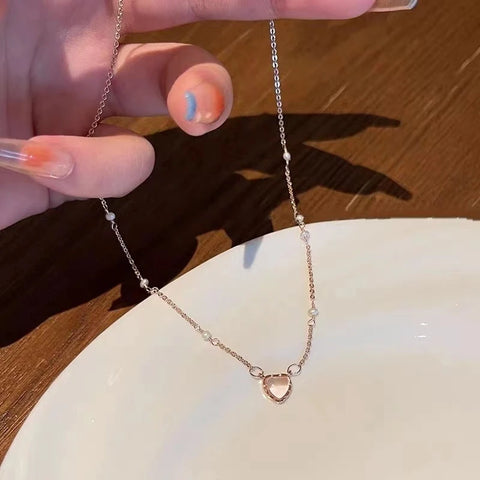 Korean Pink Heart Shape Necklace For Women Fashion Shiny Crystal Pendant Necklace Rhinestone Chain Party Aesthetic Jewelry Gift