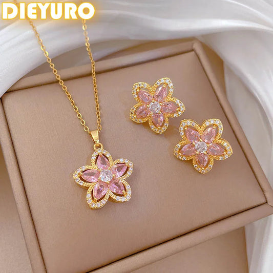 DIEYURO 316L Stainless Steel Pink Rhinestone