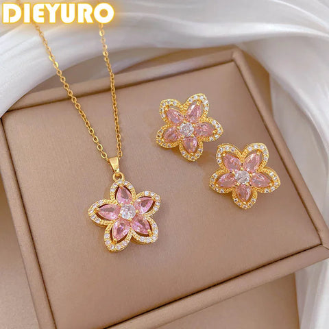 DIEYURO 316L Stainless Steel Pink Rhinestone