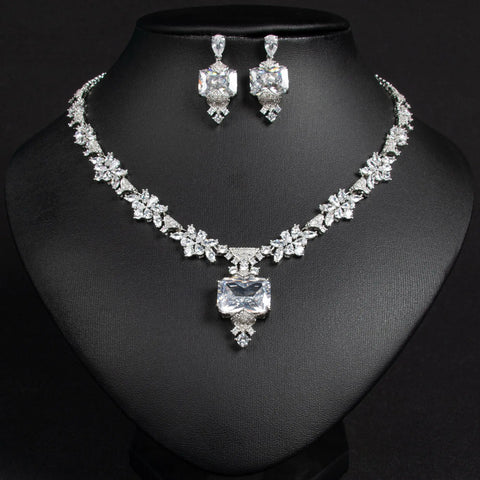 New Luxury Jewellery Square Flower Necklace Earrings Pendant Ladies Zirconia Accessories Set Party Prom Gift Dress M-339