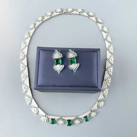 Designer Collection Style Necklace Earrings Women Lady Inlay Cubic Zircon Synthetic Emerald Pendant Dinner Party Jewelry Sets