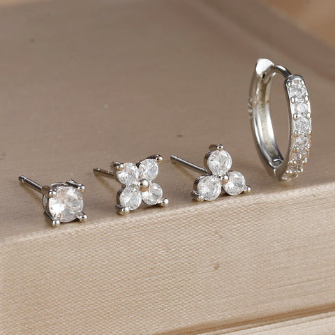 4PCS 18K Gold Plated Flower Round Piercing Earrings