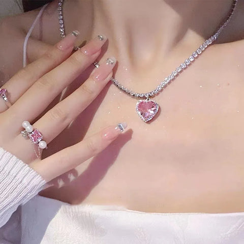 Y2K Accessories Fashion Peach Heart Water Drop Pendant Necklace Purple Crystal Egirl Sweet Cool Clavicle Chain Aesthetic Jewelry