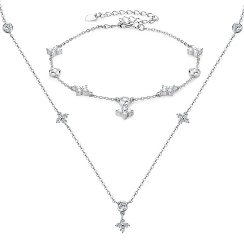 Real Moissanite Pendant Necklace Bracelet Earrings Sets For Women 925 Silver Rose Gold Plated Four Leaf Clover Jewelry Set Gift