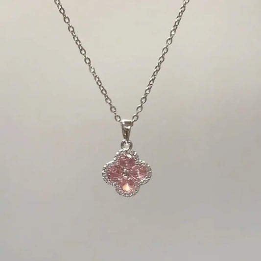 Trend Pink Four Leaf Flower Zircon Pendant Necklaces for Women Fashion Jewelry Light Luxury Minimalist Accessories