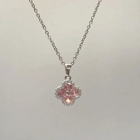 Trend Pink Four Leaf Flower Zircon Pendant Necklaces for Women Fashion Jewelry Light Luxury Minimalist Accessories