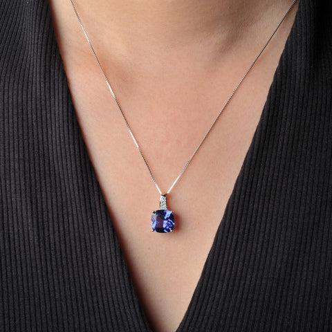 Potiy 4.73ct Cushion Created Sapphire Nano Emerald Tanzanite Pendant Necklace No Chain 925 Sterling Silver for Women valentines