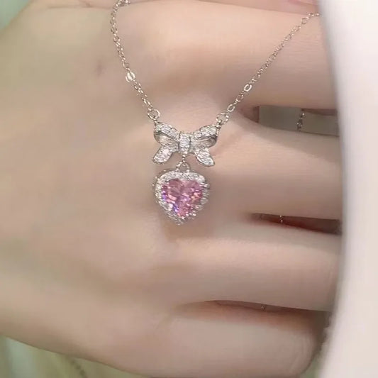 Cute Sweet Pink Bow Necklace Ladies Fashion Sparkling Rhinestone Heart Shape Pendant Clavicle Chain Delicate Wedding Accesories