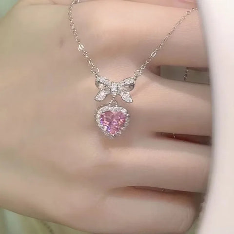 Cute Sweet Pink Bow Necklace Ladies Fashion Sparkling Rhinestone Heart Shape Pendant Clavicle Chain Delicate Wedding Accesories