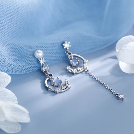 Korean New Light Luxury Zircon Moon Star Asymmetric Stud Earrings