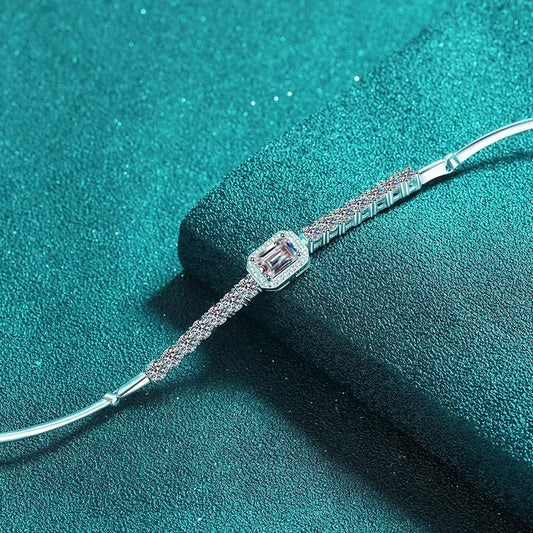 Handmade Inlaid Rectangle Blue Moissanite