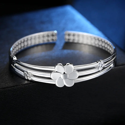 925 Sterling Silver Flower Open Bangle Hand Bracelets