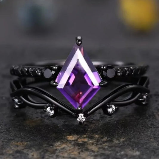 Dazzling Inlaid with Purple Stone Black Color Oval Rings