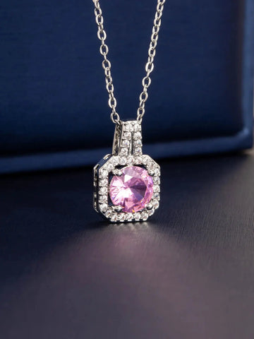 Fashionable Square Pendant Embedded Pink round Zircon Lightweight Versatile Minimalist Design Clavicle Chain Jewelry Accessory