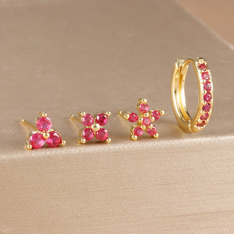 4PCS 18K Gold Plated Flower Round Piercing Earrings