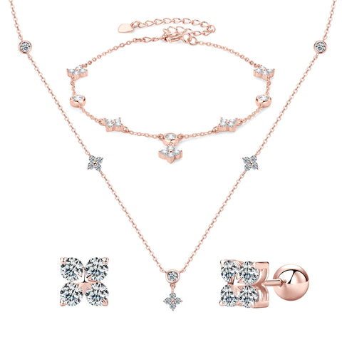 Real Moissanite Pendant Necklace Bracelet Earrings Sets For Women 925 Silver Rose Gold Plated Four Leaf Clover Jewelry Set Gift