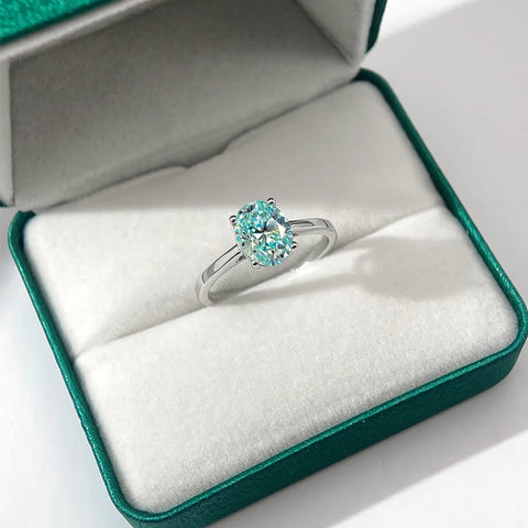 OEVAS Real 1CT / 2 Carat Oval Aquamarine Moissanite Ring