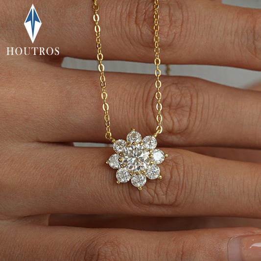1Carat Sunflower Moissanite Pendant Necklace GRA Certified S925 Sterling Silver Plated Gold Neck Lace for Women Party Jewelry