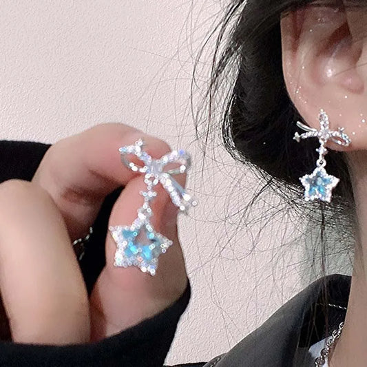 Kpop Y2K Blue Crystal Star Pendant Earrings