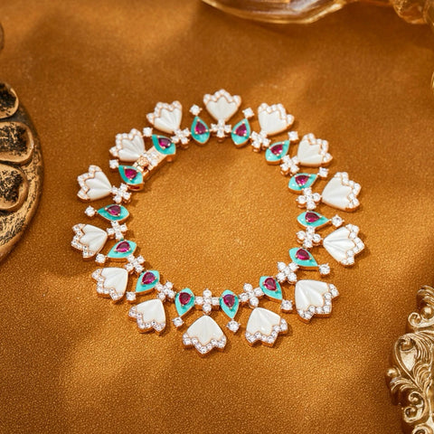 Luxury Temperament AAA Zircon Fan Shaped Blue Red Necklace Drop Earrings For Women Wedding Party Evening Dress Jewelry Sets
