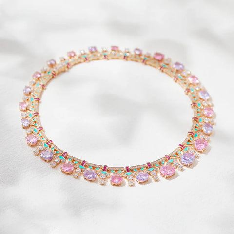 Designer Collection Style Ring Earrings Necklace Women Lady Inlay Pink Round Cubic Zircon Enamel Dinner Party Jewelry Sets