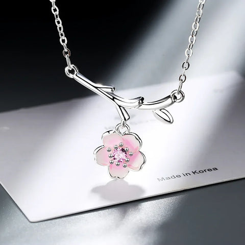 S925 Sterling Silver Women's Pink Cherry Blossom Branch Pendant Necklace (40cm+3.5cm) Luxury Jewelry