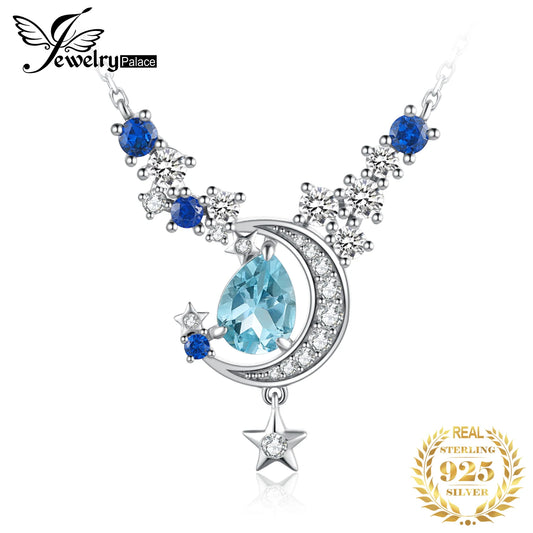 JewelryPalace New Moon Star 4.5ct Genuine Sky Blue Topaz Created Sapphire 925 Sterling Silver Pendant Necklace for Woman 45cm