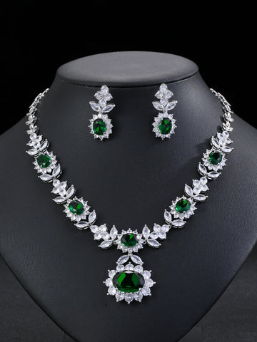 Luxury Indian Jewelry Set For Women Zirconia Bridal Necklace Earring Set For Wedding Evening Party Prom Pendant Necklace