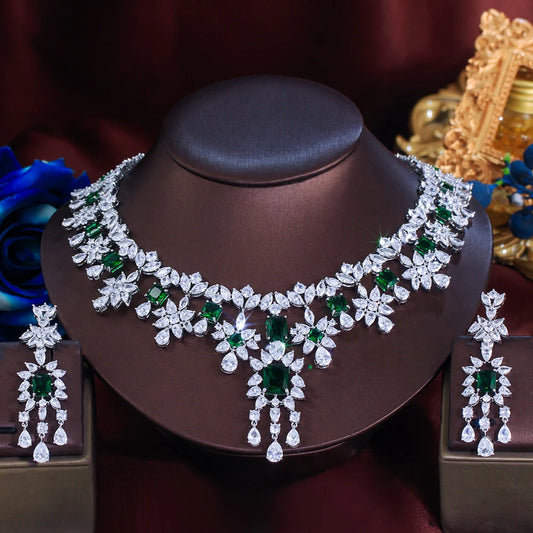 ThreeGraces Luxury Shiny Green Zirconia Long Tassel Drop Earrings Necklace Wedding Bridal Party Jewelry Set for Women T1054