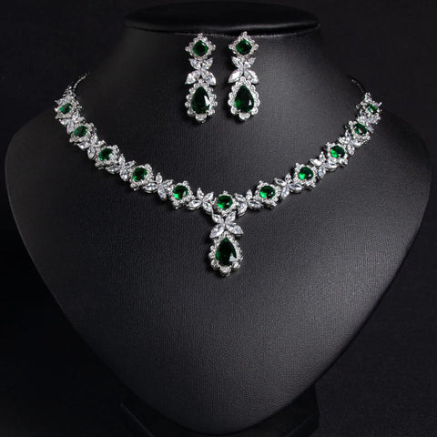 Women Simple Fashion Colored Gemstone Bridal Zircon Necklace Full Diamond Earrings Set