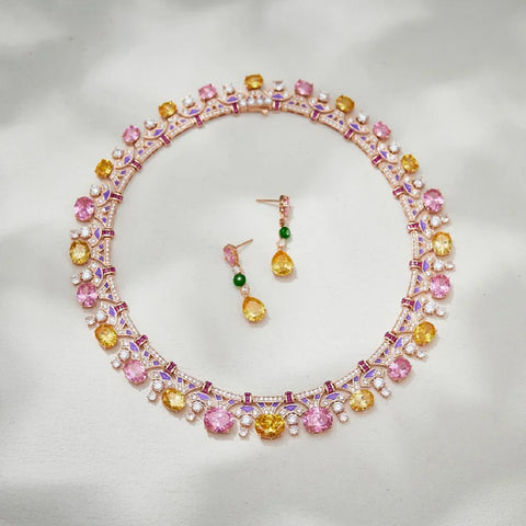 Designer Collection Style Ring Earrings Necklace Women Lady Inlay Pink Round Cubic Zircon Enamel Dinner Party Jewelry Sets