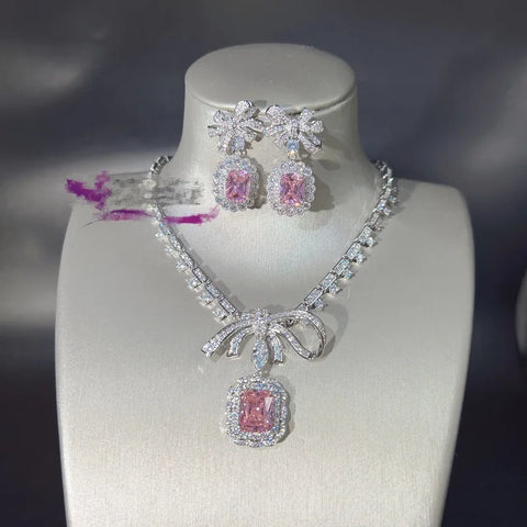 Bowknot Lab Pink Diamond Jewelry set 14K White Gold Engagement Wedding Earrings Necklace For Women Bridal Promise Gift