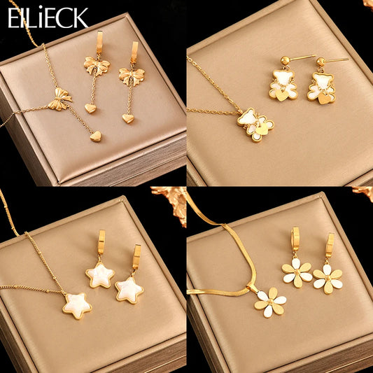 EILIECK 316L Stainless Steel Star Flower Bear Necklace Earrings