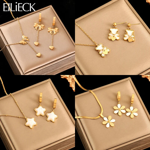 EILIECK 316L Stainless Steel Star Flower Bear Necklace Earrings